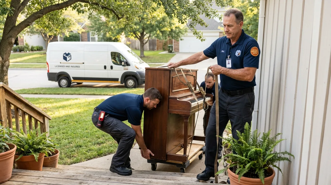 Licensed piano movers securing grand piano in Las Vegas, NV