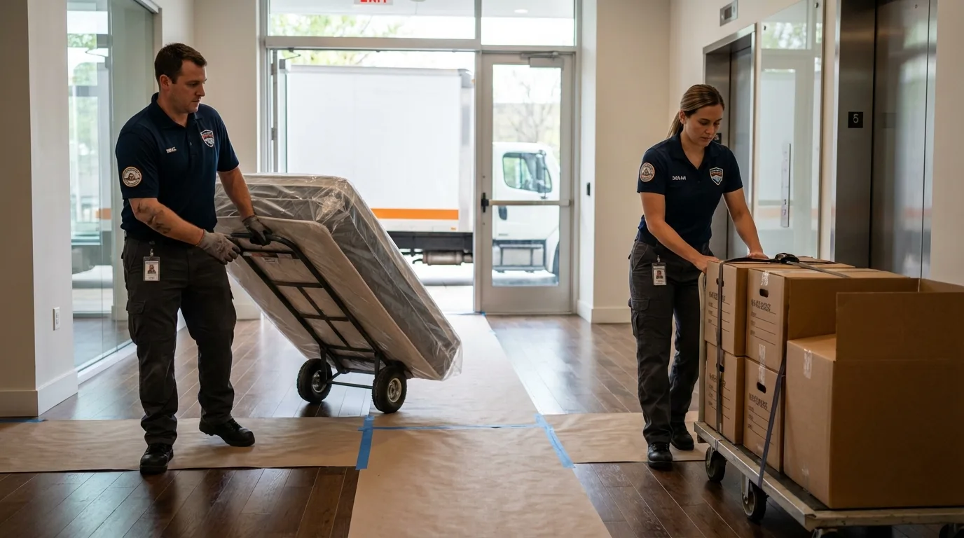 Professional apartment movers loading elevator in Las Vegas, NV
